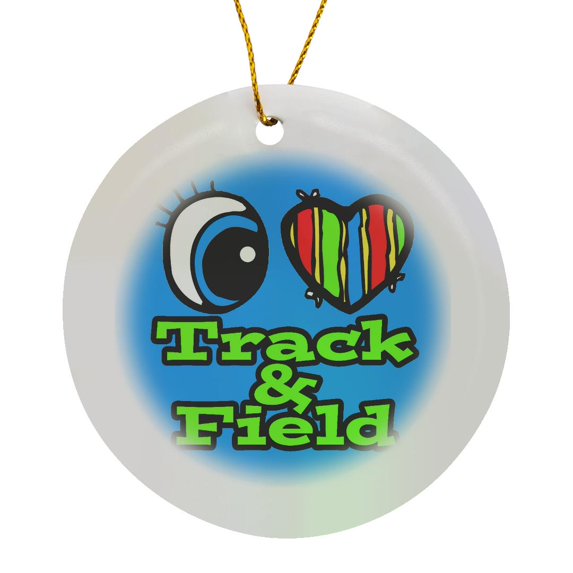 3drose, Bright Eye Heart I Love Track and Field, Circle Porcelain Ornament
