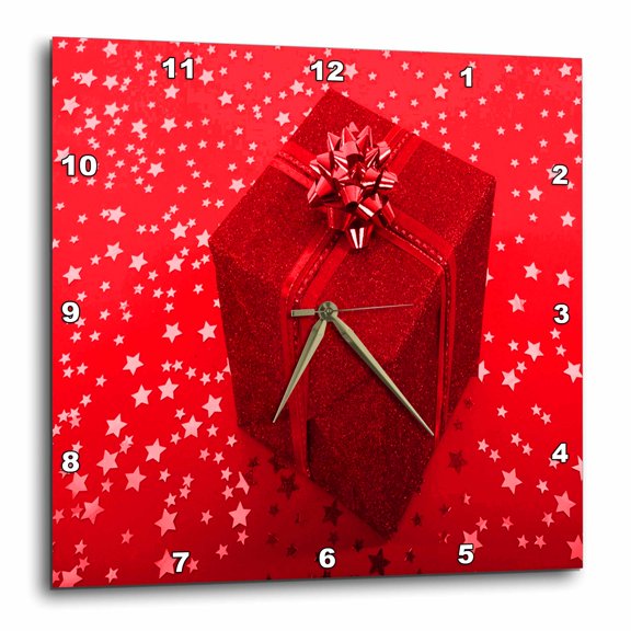 3drose, Bright Red Starry Present I, 15x15 Wall Clock