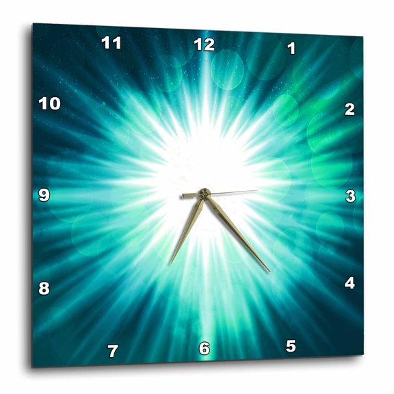 3drose, Bright White Star Burst on Aqua with Green Bokeh Sparkles, 15x15 Wall Clock