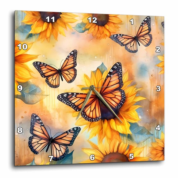 3drose, Bright Yellow and Orange Sunflowers and Monarch Butterflies, 15x15 Wall Clock