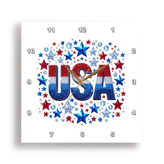 3drose, Brilliant Usa Text Art Composition, Patriotic 4th of July Artsy Gift, 10x10 Wall Clock