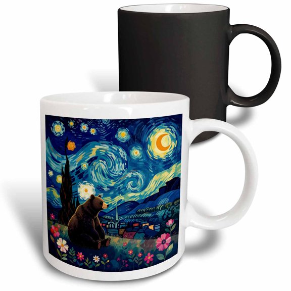 3drose, Brown Bear Sits on the Hill at Starry Night, Funny Artsy Gift, 11oz Magic Transforming Mug