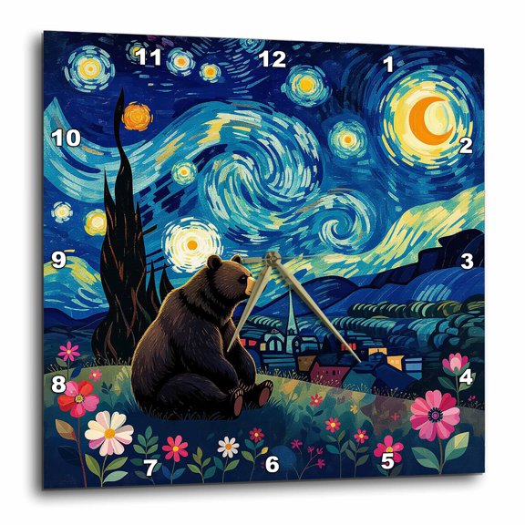 3drose, Brown Bear Sits on the Hill at Starry Night, Funny Artsy Gift, 15x15 Wall Clock