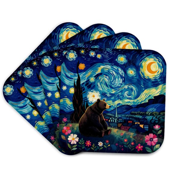 3drose, Brown Bear Sits on the Hill at Starry Night, Funny Artsy Gift, Set of 4 Coasters - Soft