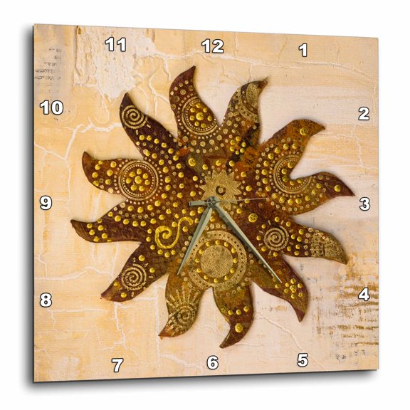 3drose, Brown Sun Symbol with Golden Ornaments Painting, 10x10 Wall Clock