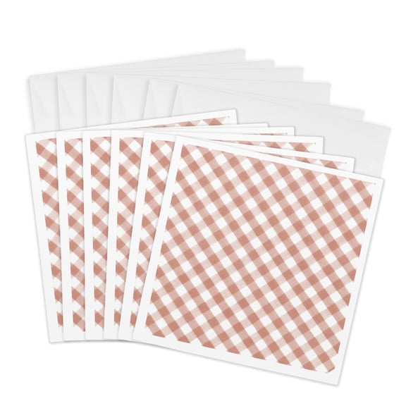 3drose, Brown and White Gingham Pattern Traditional Checkered Rustic Checks Retro Country Kitchen Dining, 6 Greeting Cards with Envelopes