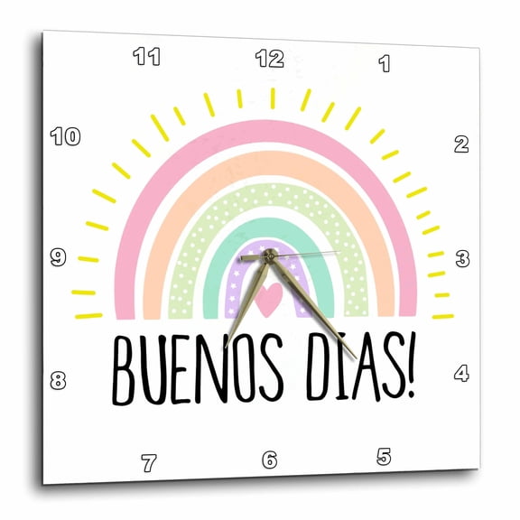 3drose, Buenos Dias - Good Day or Good Morning in Spanish - Beautiful Rainbow, 13x13 Wall Clock