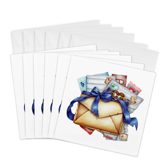 3drose, Bundle of Letters Tied with a Blue Ribbon Illustration, 6 Greeting Cards with Envelopes
