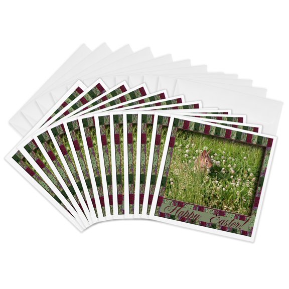 3drose, Bunny Rabbits in a Clover Patch, Happy Easter, 12 Greeting Cards with Envelopes