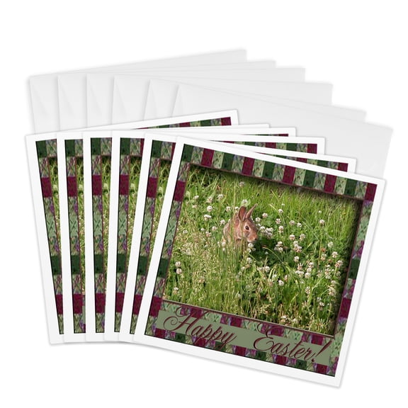 3drose, Bunny Rabbits in a Clover Patch, Happy Easter, 6 Greeting Cards with Envelopes