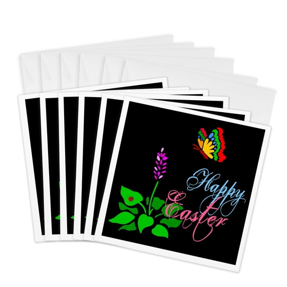 3drose, Butterfly, Spring Flower, Red Ladybug, Text Happy Easter on Black, 6 Greeting Cards with Envelopes