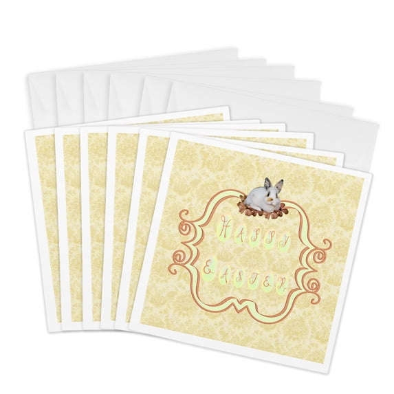 3drose, Calico Bunny Rabbit on Happy Easter Banner, Yellow and Coral, 6 Greeting Cards with Envelopes