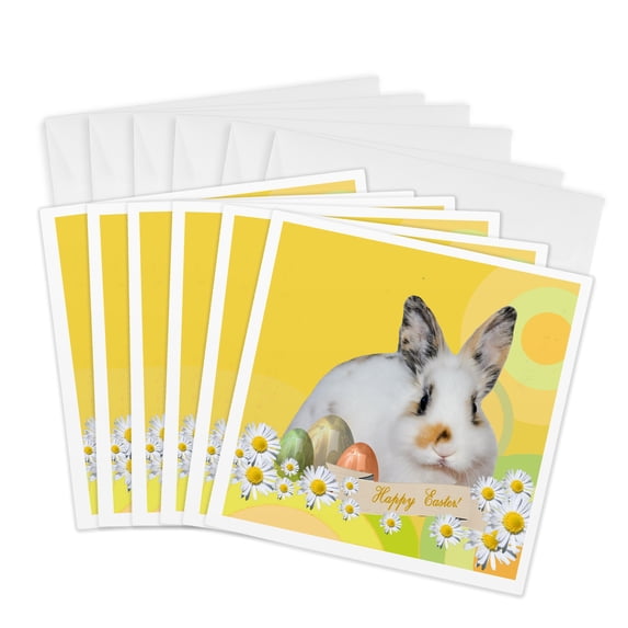 3drose, Calico Bunny Rabbit with Daisy Flowers and Three Easter Eggs, Happy Easter, 6 Greeting Cards with Envelopes