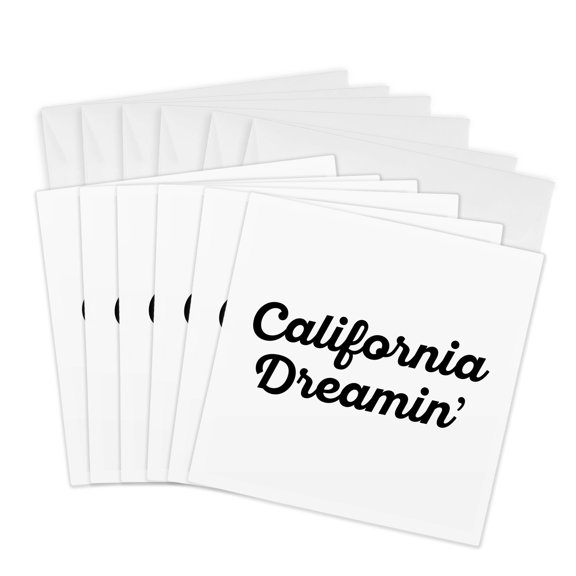 3drose, California Dreamin. Bold Black Script Lettering on White Background., 6 Greeting Cards with Envelopes