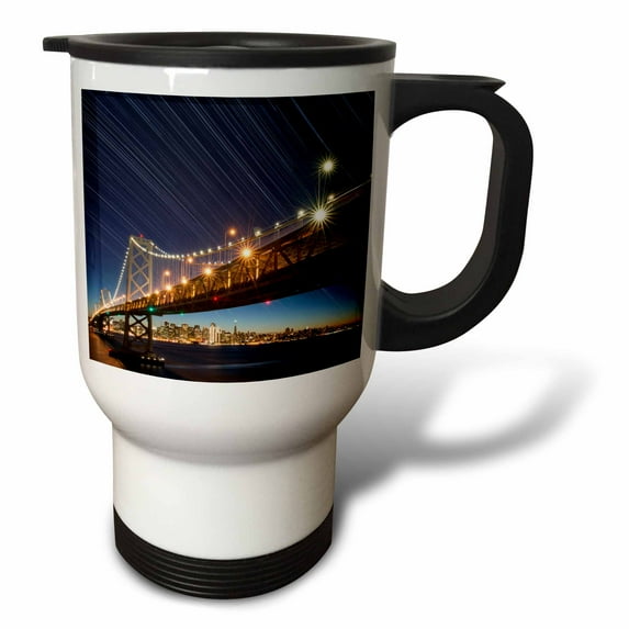 3drose, California, San Francisco. Composite of Star Trails Above Bay Bridge., 14oz Stainless Steel Travel Mug