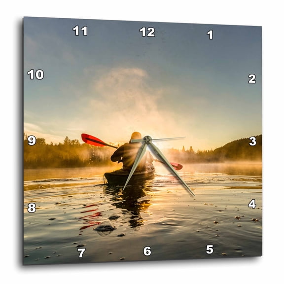 3drose, Canada, B.c., a Kayaker Paddles in Sunlit Early Morning Mist on a Lake, 15x15 Wall Clock