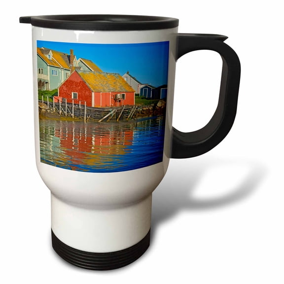 3drose, Canada, Nova Scotia, Peggys Cove. Fishing Shack and Harbor, 14oz Stainless Steel Travel Mug