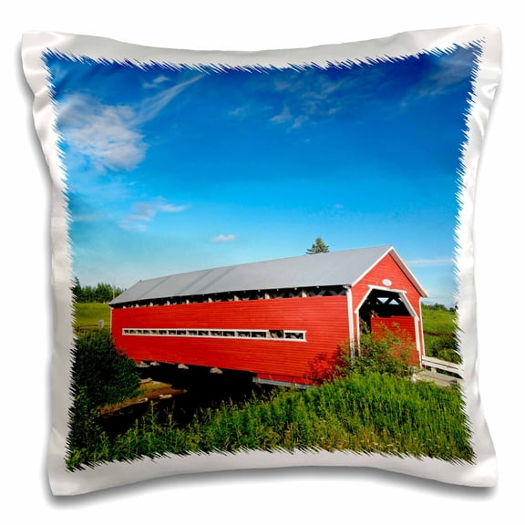 3drose, Canada, Quebec, Ste. Jeanne Darc. Covered Bridge over Stream., 16x16 inch Pillow Case