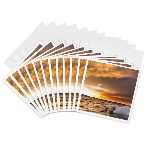 3drose, Canada, Repulse Bay, Polar Bear and Cub on Sea Ice at Sunset., 12 Greeting Cards with Envelopes