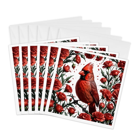 3drose, Cardinal Bird Surrounded by Scarlet Red Carnations, 6 Greeting Cards with Envelopes