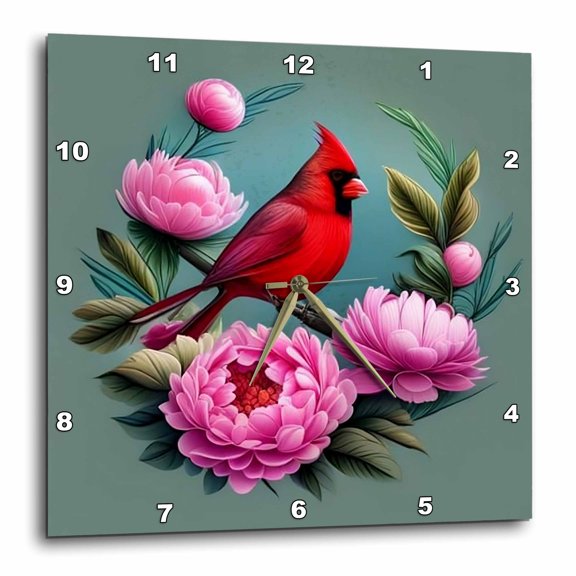3drose, Cardinal Bird with Peony Color Indiana State Tattoo Art, 15x15 Wall Clock