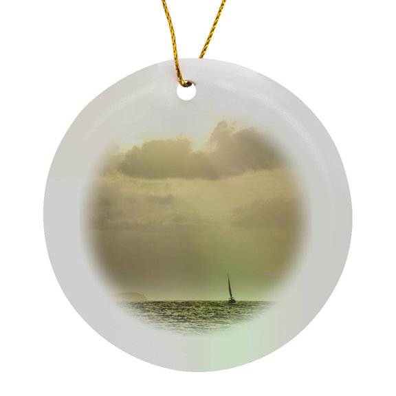 3drose, Caribbean, Bvi, Cooper Island. Sailboat in Manchioneel Bay., Circle Porcelain Ornament