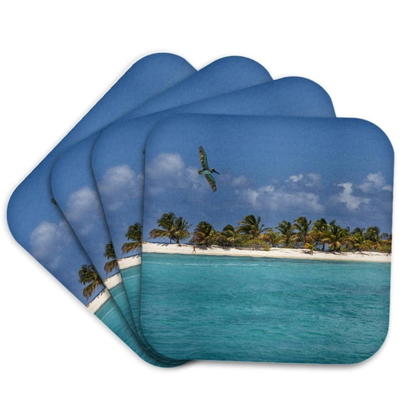 3drose, Caribbean, Grenada, Sandy Island. Pelican Flies over Ocean Shore., Set of 4 Coasters - Cork