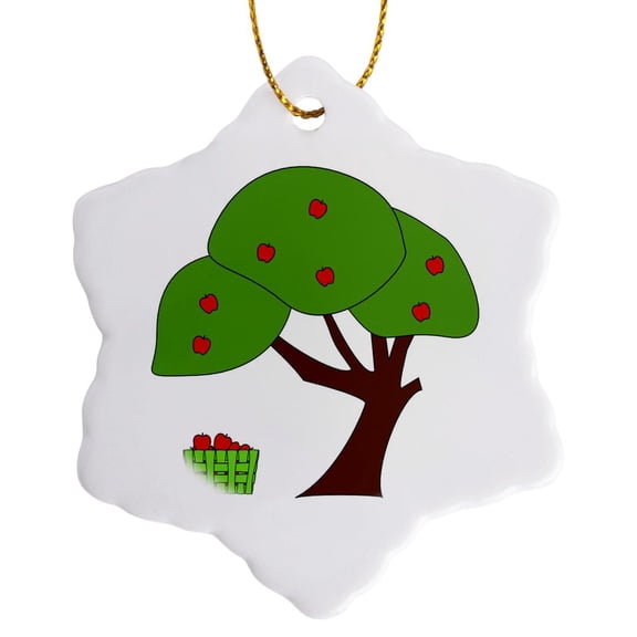 3drose, Cartoon Apple Tree N Apple Basket, 3 inch Snowflake Porcelain Ornament