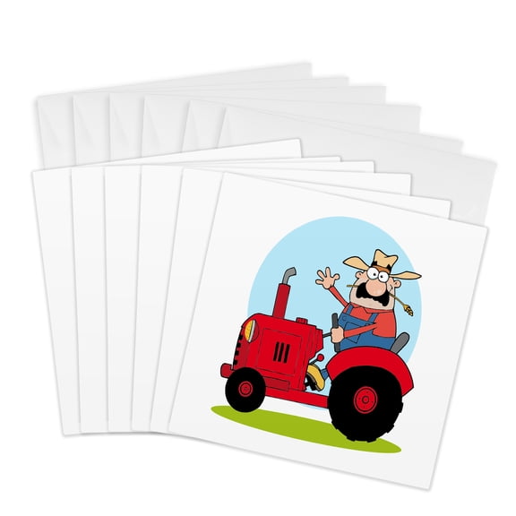 3drose, Cartoon Farmer Riding a Red Tractor, 6 Greeting Cards with Envelopes