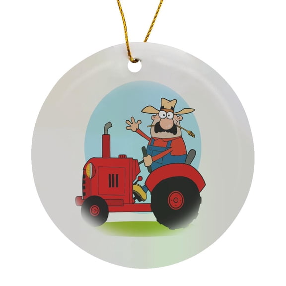 3drose, Cartoon Farmer Riding a Red Tractor, Circle Porcelain Ornament