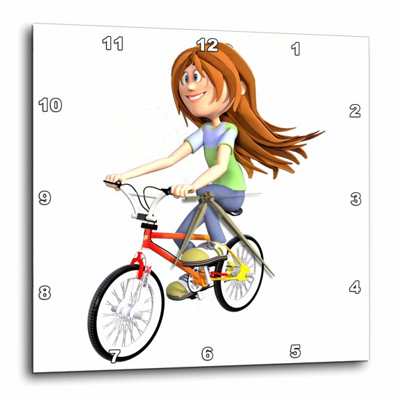 3drose, Cartoon Girl Riding Bike, 15x15 Wall Clock