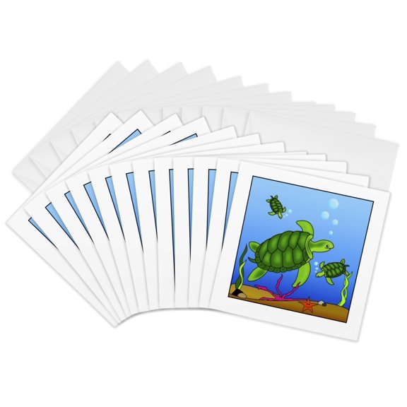 3drose, Cartoon Turtles Underwater, 12 Greeting Cards with Envelopes