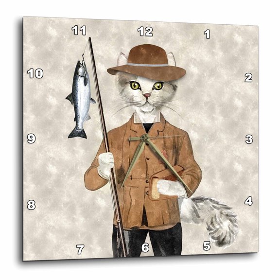 3drose, Catch of the Day Fisherman Hipster Cat with Pole and Fish, 15x15 Wall Clock