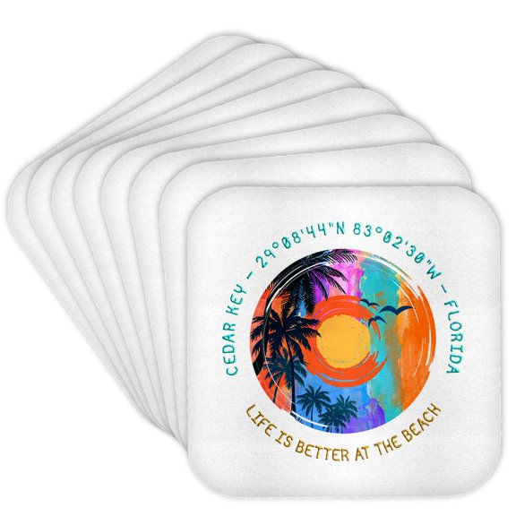 3drose, Cedar Key, Florida. Life Is Better at the Beach Round Gift, Set of 8 Coasters - Cork