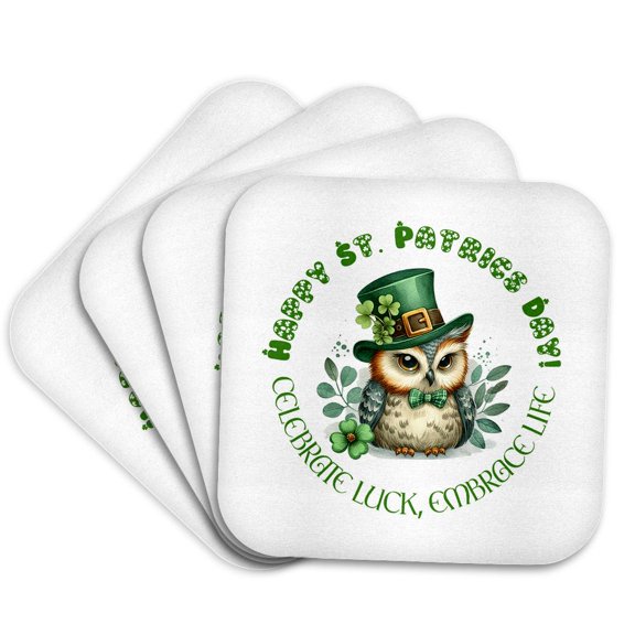 3drose, Celebrate Luck, Embrace Life. Happy St. Patricks Day, Wise Owl Gift, Set of 4 Coasters - Cork