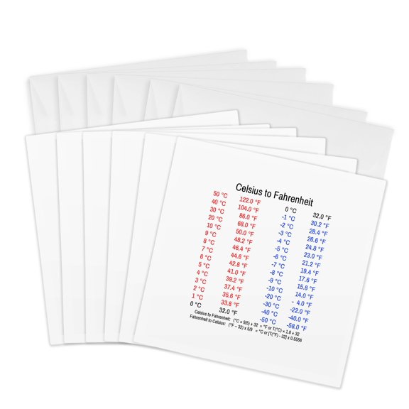 3drose, Celsius to Fahrenheit Temperature Conversion Chart and Formulas, 6 Greeting Cards with Envelopes