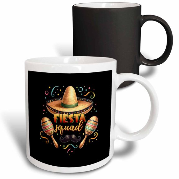 3drose, Charming Composition on Black Fiesta Squad. Sombrero, Maracas. Gift, 11oz Magic Transforming Mug