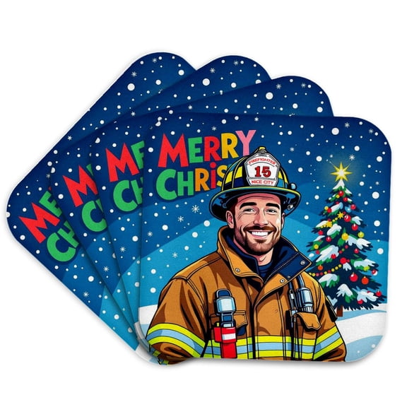 3drose, Charming Firefighter Man. Merry Christmas. Artsy Greeting Card, Gift, Set of 4 Coasters - Soft