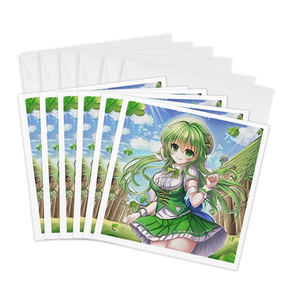 3drose, Charming Irish Elf Girl, Four Leaf Clover. Good Luck for You Gift, 6 Greeting Cards with Envelopes