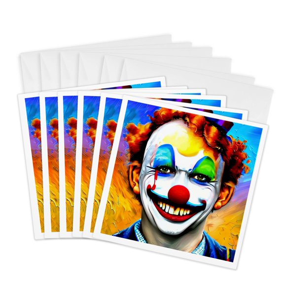 3drose, Charming Smiling Clown. Red Hair, Purple Hat. Funny Digital Art Gift, 6 Greeting Cards with Envelopes