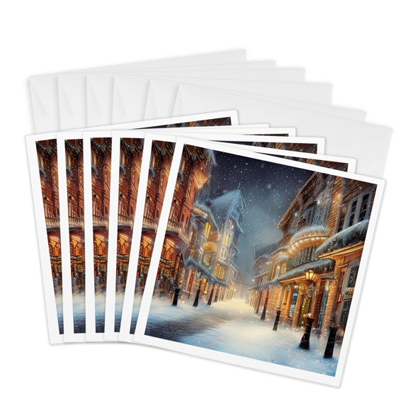 3drose, Charming Street of a Fantastic City. Winter Snowfall, Illumination, 6 Greeting Cards with Envelopes