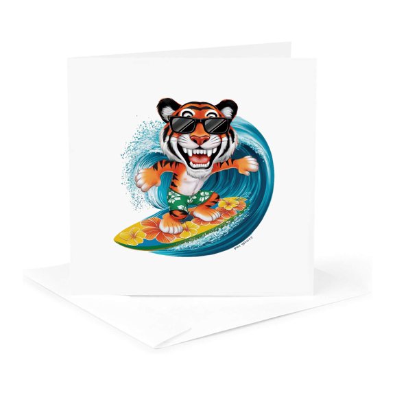 3drose, Charming Tiger Wave Surfer. Funny, Classy Summer Art Gift for Anyone, 1 Greeting Card with Envelope