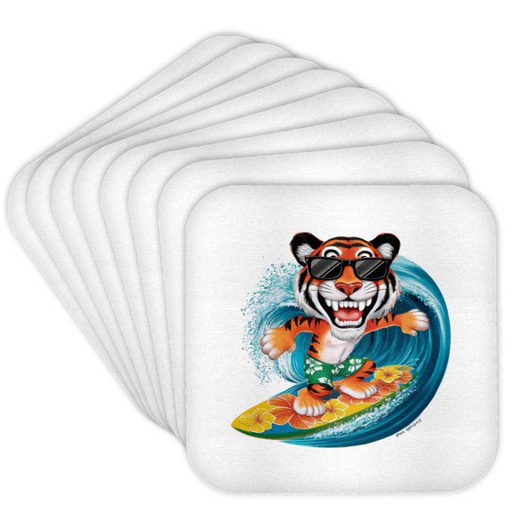 3drose, Charming Tiger Wave Surfer. Funny, Classy Summer Art Gift for Anyone, Set of 8 Coasters - Soft