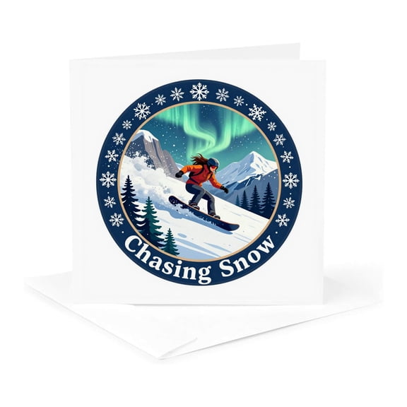 3drose, Chasing Snow. Woman Snowboarder Goes down the Hill. Winter Sport Art, 1 Greeting Card with Envelope