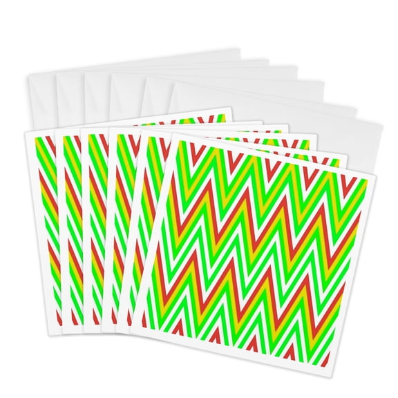 3drose, Chevron Design in Green Yellow Red White Zigzags, 6 Greeting Cards with Envelopes