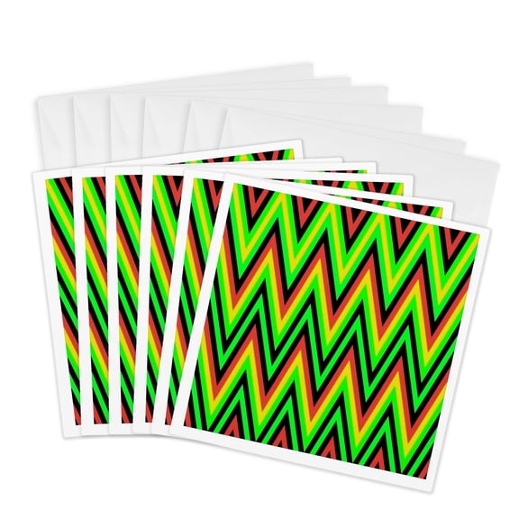 3drose, Chevron Design in Green Yellow Red Zigzags, 6 Greeting Cards with Envelopes