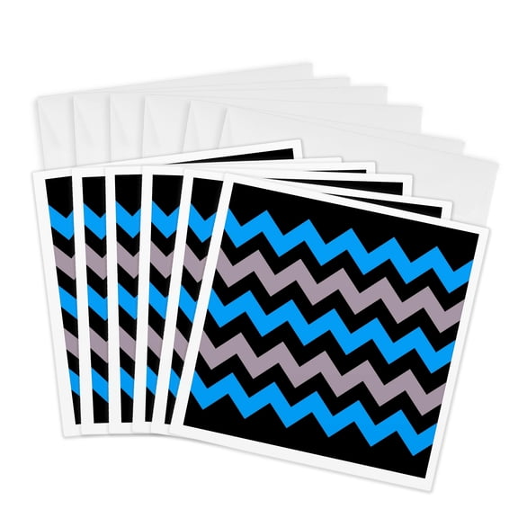 3drose, Chevron Pattern in Blue and Dusky Pink on Black, 6 Greeting Cards with Envelopes