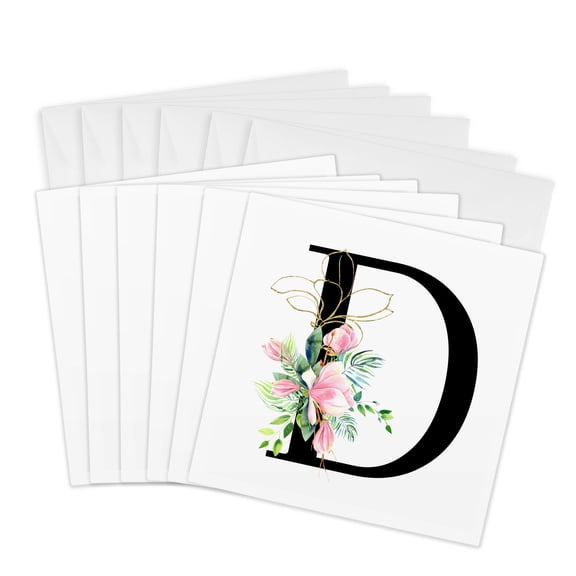 3drose, Chic Black Monogram Initial D with Pretty Pink Flowers, 6 Greeting Cards with Envelopes
