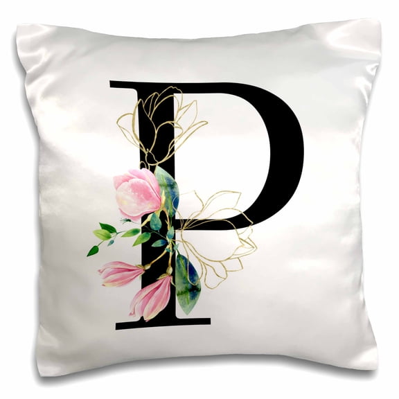 3drose, Chic Black Monogram Initial P with Pretty Pink Flowers, 16x16 inch Pillow Case