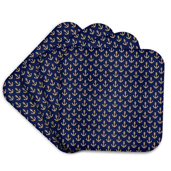 3drose, Chic Blue and Gold Color Nautical Sailing Boat Anchors Pattern, Set of 4 Coasters - Soft